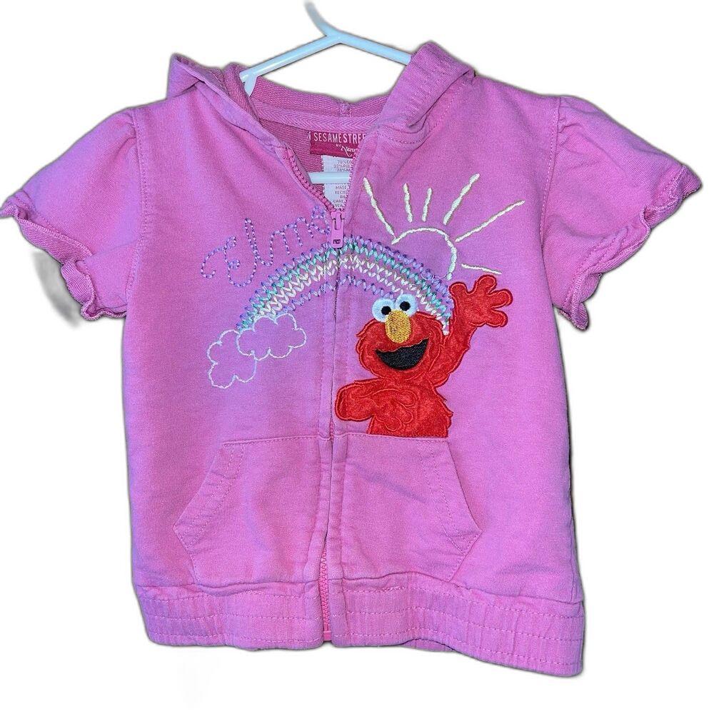 Sesame Street By Nannette Elmo Pink Short Sleeve Zip Up Hoodie Rainbow Sun 24M